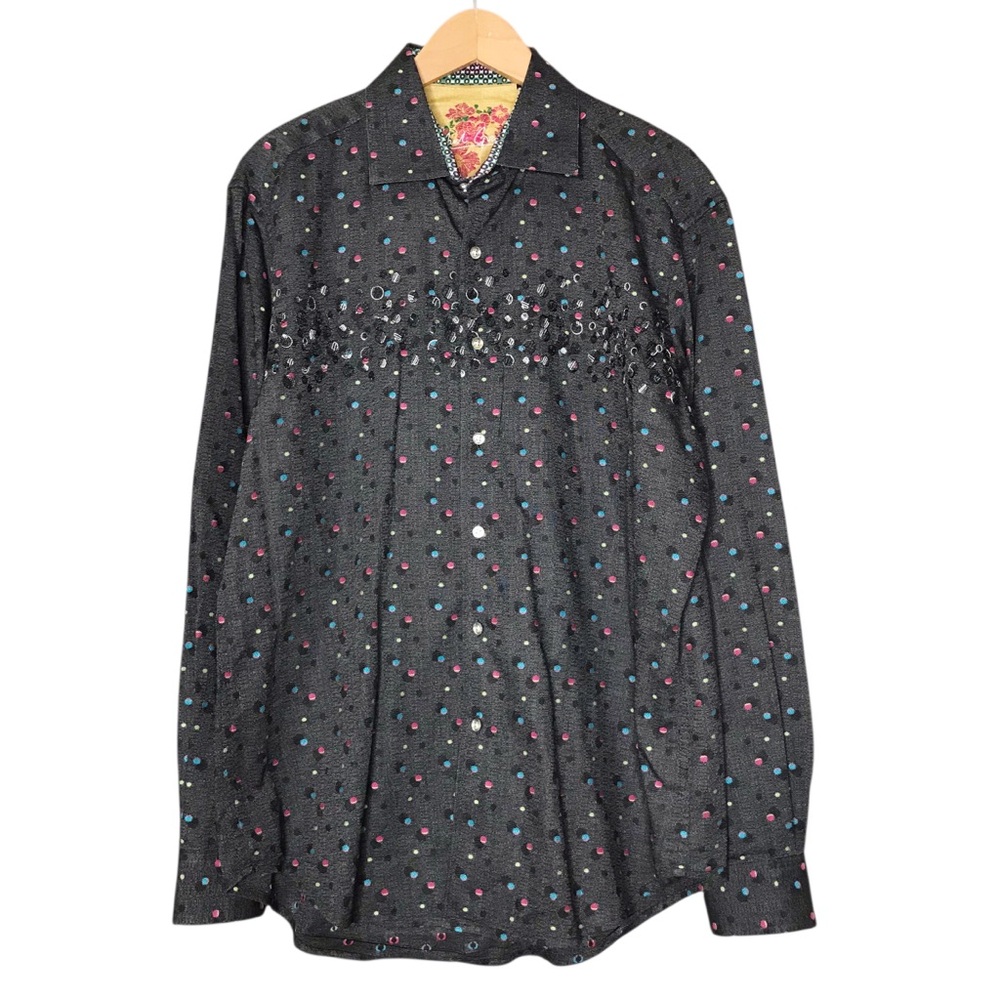 Robert Graham Button Front Shirt Cotton Silk Grey Multicoloured Circles Large